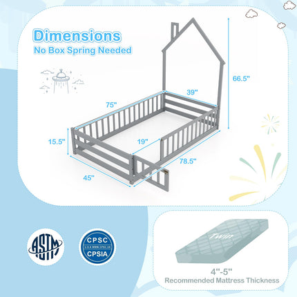 Dreamade Twin Floor Bed, House-Shaped Montessori Bed Frame with Headboard, Full-Length Guardrail
