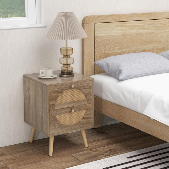 Dreamade Rattan Nightstand Set of 2, Boho Bedside Tables with 2 Rattan Drawers