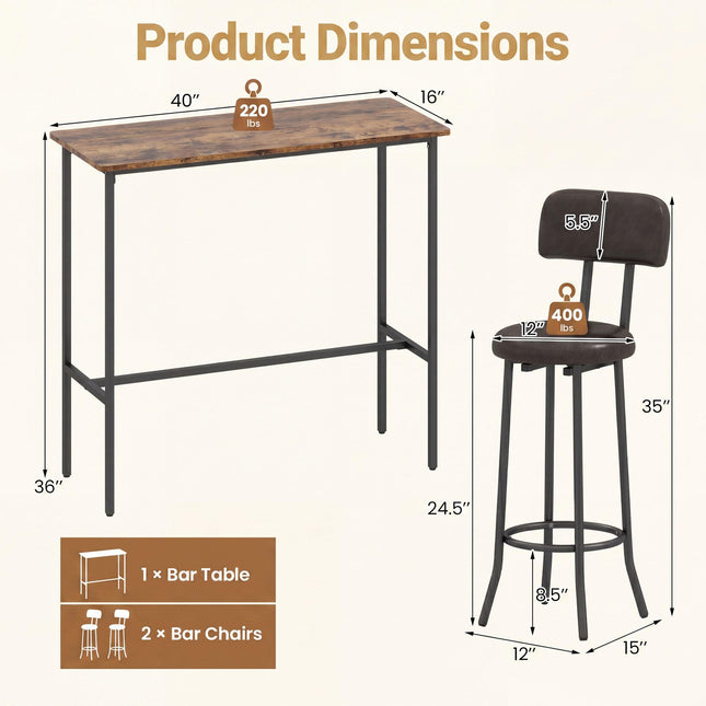 Dreamade 3-Piece Bar Table and Chairs Set | Counter Height Pub Table and 2 Upholstered Stools