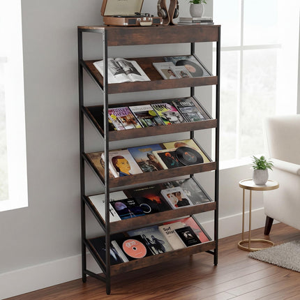 Dreamade 6-Tier Industrial Tall Bookcase with Angled Shelves and Metal Frame