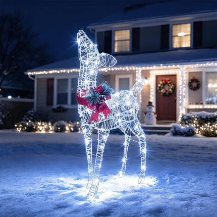 Dreamade Christmas Pre-Lit Reindeer | 50 Cold White LED Lights & Red Bow Stakes & Zip Ties Included