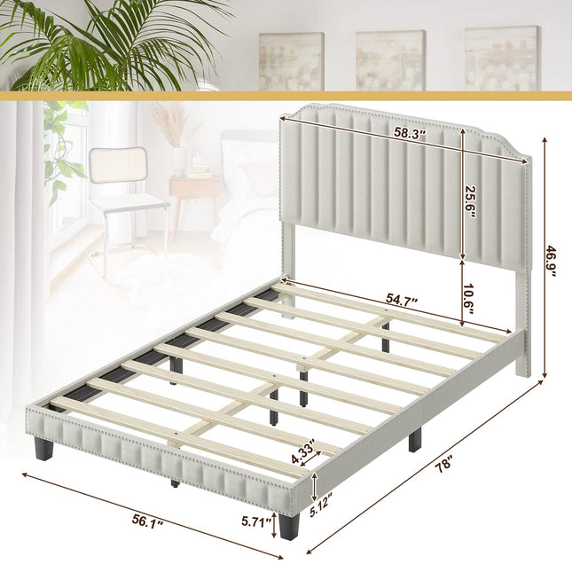 Dreamade Queen/Full/Twin Size Upholstered Bed Frame, Linen Platform Bed w/Rivet Headboard, Heavy Duty Mattress Foundation
