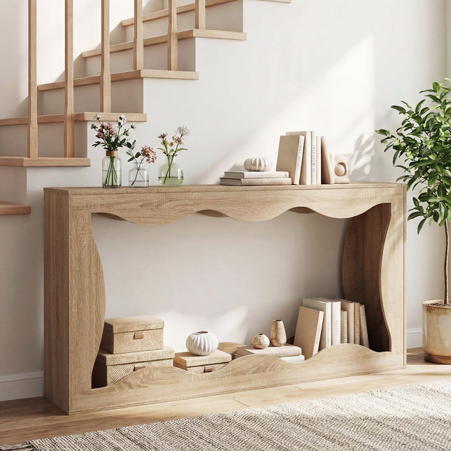 Dreamade 63" Farmhouse Console Table | 2-Tier Wavy Entryway Table with Built-in Storage Space
