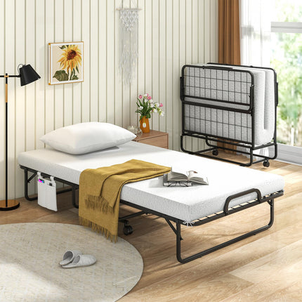 Dreamade Folding Bed with Mattress and Pillow, Twin Size Portable Guest Bed w/Metal Frame