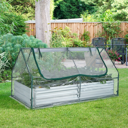 Dreamade Galvanized Steel Raised Garden Bed with Mini Greenhouse, Outdoor Metal Planter Box Kit with Large Roll-up PVC Cover