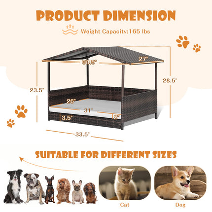 Dreamade Wicker Dog House, Raised Rattan Dog Bed with Roof, Removable Cushion and Steel Frame
