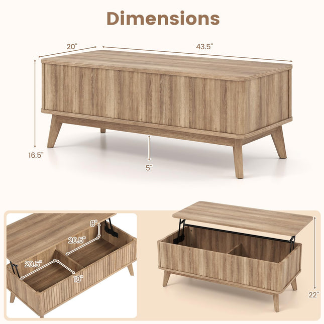 Dreamade Lift Top Coffee Table with Storage | 43.5" Mid Century Modern Center Table with Solid Wood Leg & Hidden Compartment