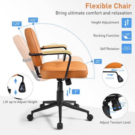 Dreamade Home Office Chair, Height Adjustable PU Leather Desk Chair w/Rocking Backrest, Orange