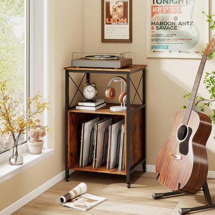 Dreamade Record Player Stand with Charging Station Rolling 3-Tier Turntable Stand