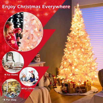 Dreamade 7.5ft Pink Pre-Lit Christmas Tree, Hinged Artificial Snow Flocked Xmas Tree with 1100 PVC Branch Tips, 450 LED Lights - DreamadeUS