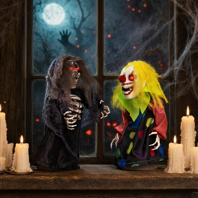 DREAMADE Sound Activated Halloween Animatronics, Clown & Reaper