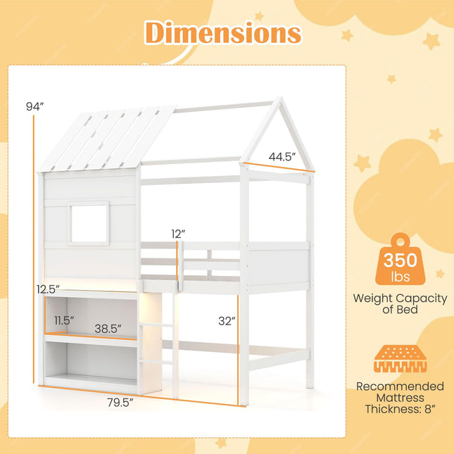 Dreamade Twin Size Loft Bed with LED Lights Roof Window and Storage Bookshelf