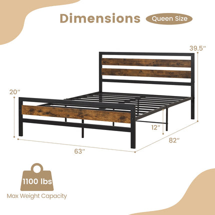 Dreamade Queen Metal Platform Bed Frame with Wooden Headboard & Footboard, Rustic Brown