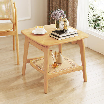 Dreamade Rattan Side Table, Boho End Table with Storage Shelf, 2-Tier Bedside Table for Small Spaces