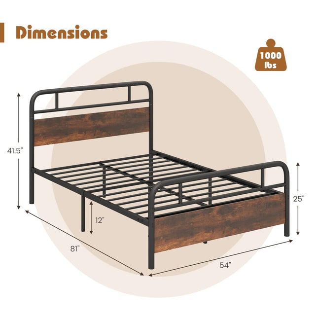 Dreamade Full Size Metal Bed Frame with Wood Headboard and Footboard