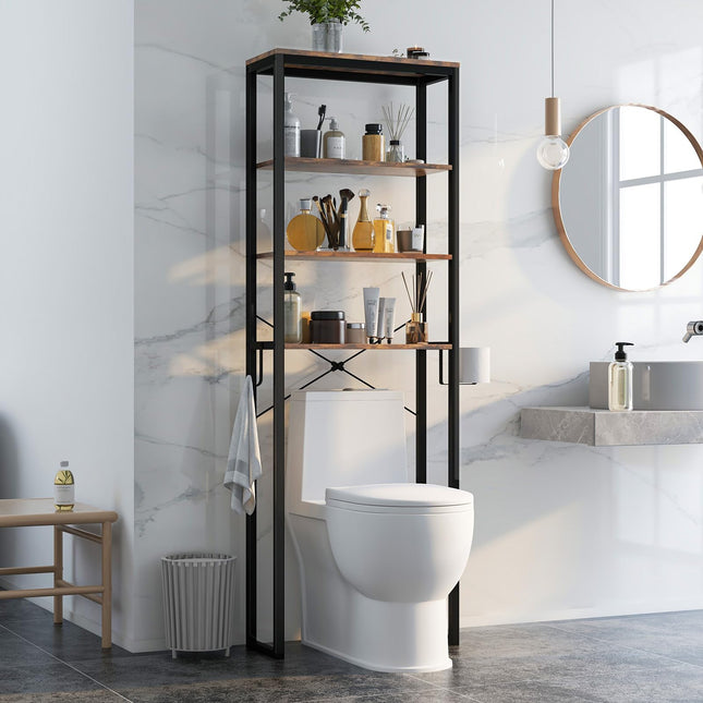 Dreamade Over The Toilet Storage Rack, 4-Tier Wooden Bathroom Space Saver w/Metal Frame & 2 Hooks