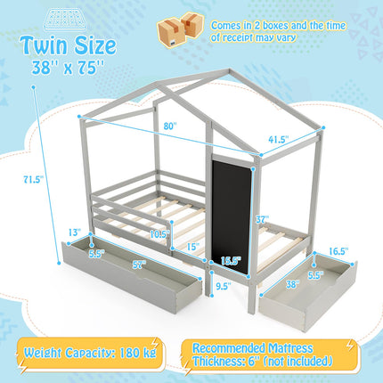 Dreamade Twin Bed with 2 Storage Drawers, Solid Wood House Bed with Blackboard & Safety Guardrails