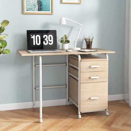 Dreamade Folding Desk for Small Space, Rolling Home Office Desk with 3 Drawers & Lockable Universal Wheels