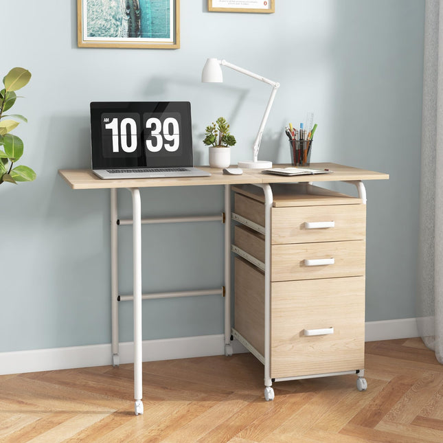 Dreamade Folding Desk for Small Space, Rolling Home Office Desk with 3 Drawers & Lockable Universal Wheels