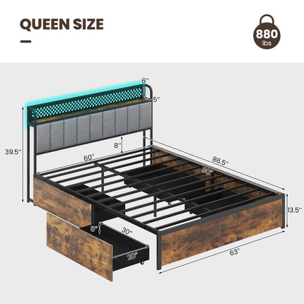 Dreamade Queen/Full/Twin Size LED Bed Frame with Charging Station, Metal Platform Bed with Upholstered Headboard & 4 Storage Drawers