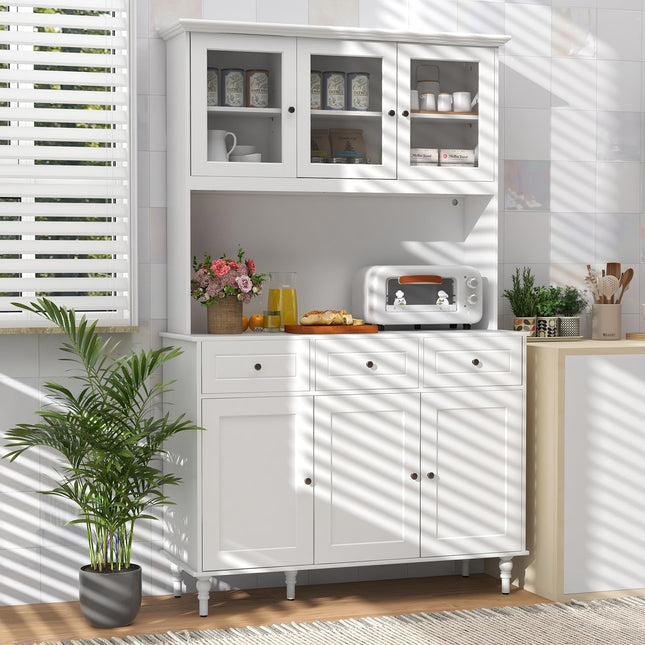 Dreamade Pantry Cabinet, 77” Tall Buffet Cabinet with Hutch, LED Lights & Charging Station