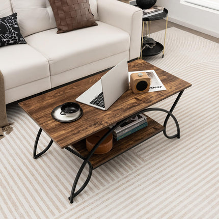 Dreamade 2-Tier Rectangular Coffee Table, Modern Chic Cocktail Table with Open Storage Shelf, White/Gold