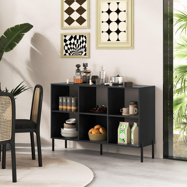 Dreamade 6 Cube Bookcase, 3-Tier 47" Long Wood Bookshelf w/ 5 Metal Legs, Adjustable Shelf, Anti-toppling Device
