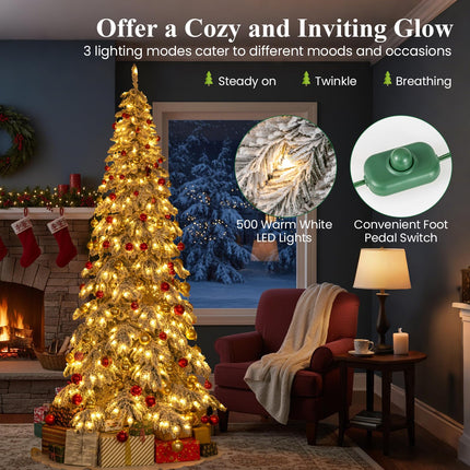 Dreamade 9 FT Pre-Lit Snow Flocked Drooping Christmas Tree with Quick Power Connectors