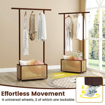 Dreamade Bamboo Clothes Rack 2-In-1 Clothing Hanging Rail for Hallway Living Room Bedroom