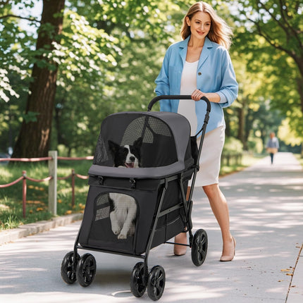 Dreamade Dog Stroller with Low Entry & Ramp Access, Cat Stroller with Lockable & Shock-Absorbing All-Terrain Wheels