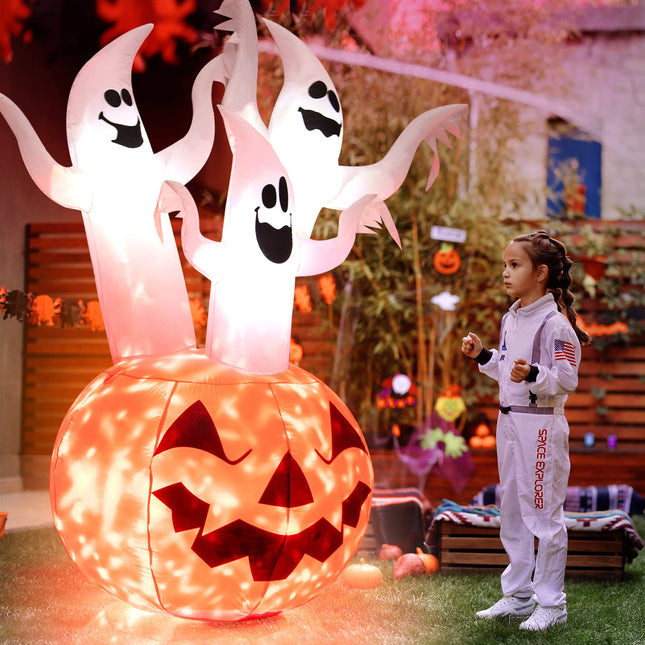 DREAMADE 6FT Lighted Halloween Inflatable Pumpkin & 3 Ghosts Combo