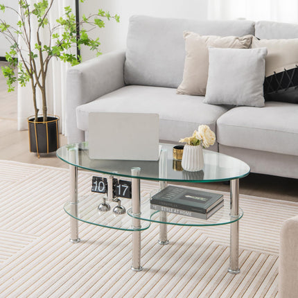 Dreamade Oval Glass Coffee Table - 3-Tier Transparent Tempered Glass Center Table with Metal Stand, 35"× 20" ×18"
