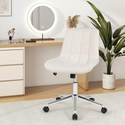 Dreamade Armless Office Chair, Modern Faux Fur White Vanity Chair with Wheels & Adjustable Height