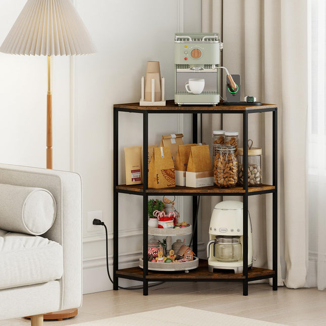 Dreamade Corner Printer Stand 3-Tier Corner Shelf with Charging Station and Metal Frame