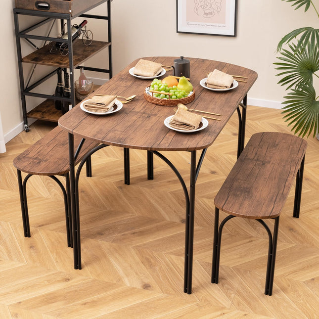 Dreamade Dining Table Set for 4, Modern Oval Kitchen Table Set with 2 Benches, Metal Frame