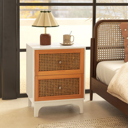 Dreamade Rattan Nightstand with Drawers, Natural Rattan End Table, Cane Accent Bedside Table with Solid Wood Legs for Bedroom