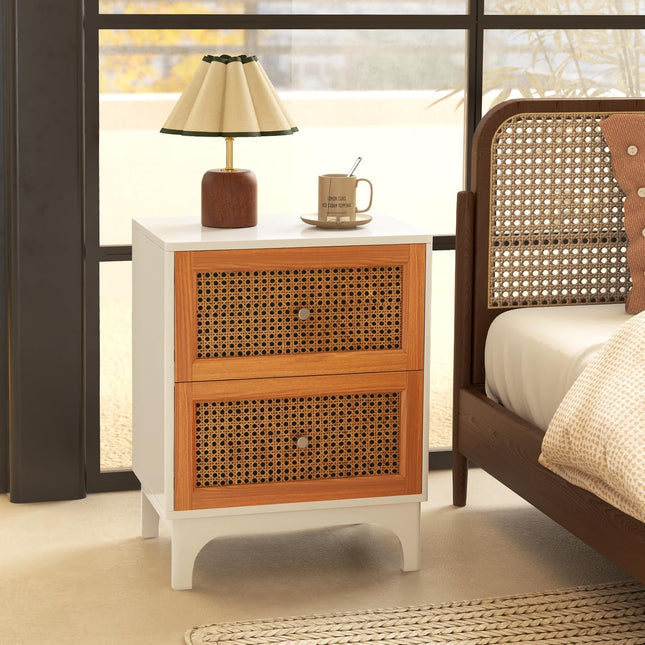 Dreamade Rattan Nightstand with Drawers, Natural Rattan End Table, Cane Accent Bedside Table with Solid Wood Legs for Bedroom