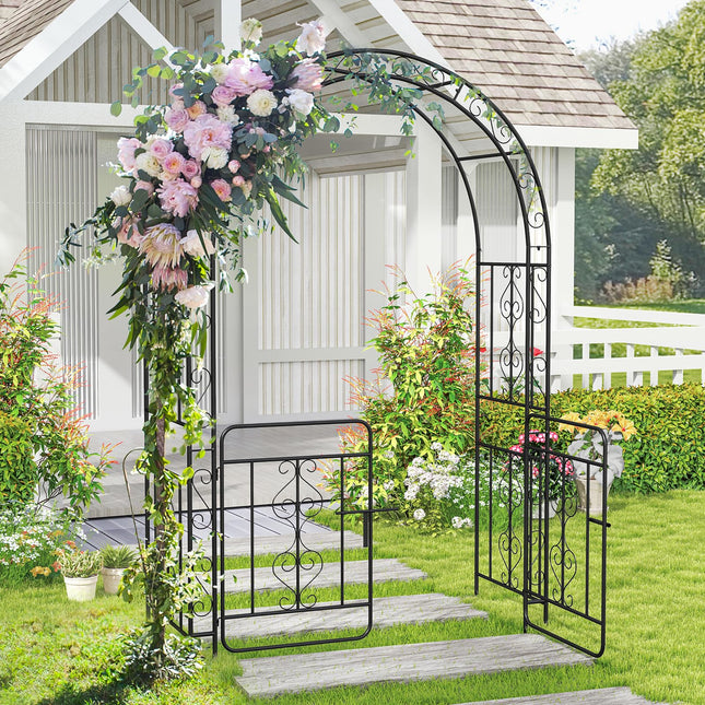 Dreamade Garden Arbor with Gate, 84" H x 54" W Metal Arch Trellis for Climbing Plants Rose Vines