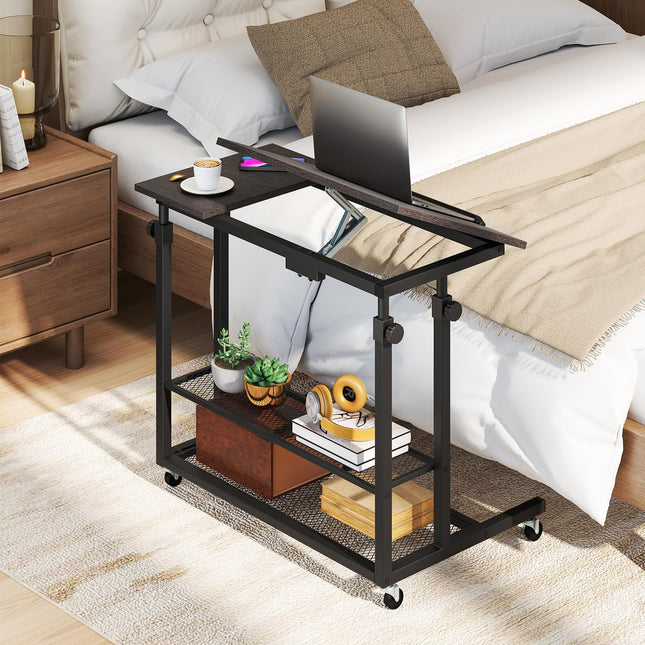 Dreamade Adjustable Rolling Computer Desk with Tilting Desktop and Storage Shelves