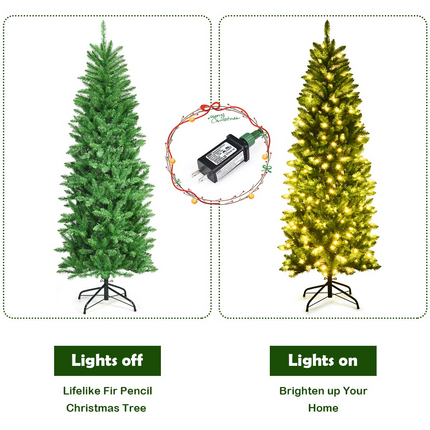 Dreamade 6ft Pre-lit Artificial Christmas Tree, Hinged Fir Pencil Christmas Tree with 250 LED Lights - DreamadeUS