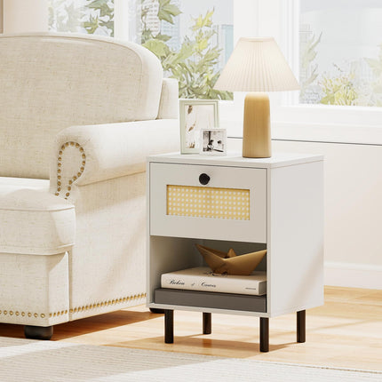 Dreamade Rattan Nightstand Boho End Table with Rattan Drawer and Open Shelf