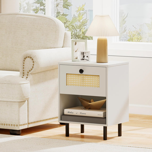 Dreamade Rattan Nightstand Boho End Table with Rattan Drawer and Open Shelf