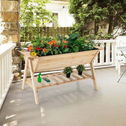 Dreamade Plant Raised Bed 2 Tiers Garden Bed, Outdoor Fir Wood Plant Container with Storage Shelf