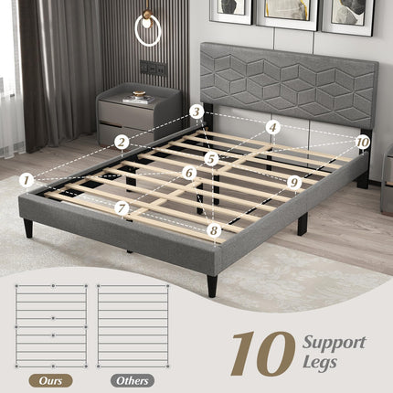 Dreamade Queen/Full/Twin Size Upholstered Bed Frame Modern Platform Bed with Linen Fabric Geometric Headboard