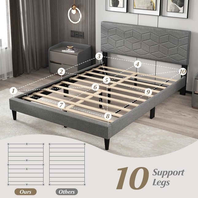 Dreamade Queen/Full/Twin Size Upholstered Bed Frame Modern Platform Bed with Linen Fabric Geometric Headboard