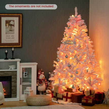 Dreamade 6FT Pink Pre-lit Christmas Tree, Hinged Snow Flocked Artificial Xmas Tree, Seasonal Holiday Decoration for Office Home