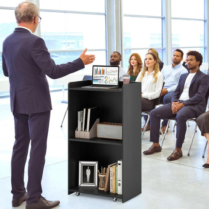 Dreamade Portable Podium Stand, Lectern Podium with 2 Storage Shelves, 4 Universal Wheels, Mobile Speaking Podium Hostess Stand Pulpits