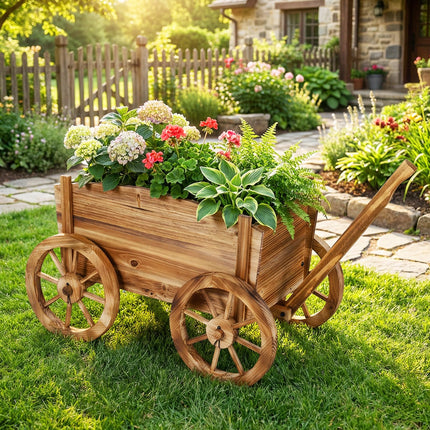 Dreamade Wood Wagon Planter Rustic Rolling Flower Pot Stand