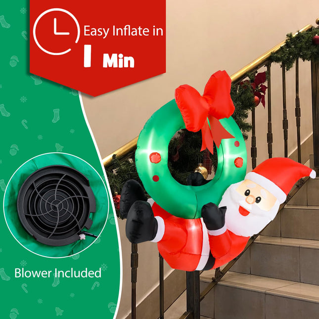 Dreamade Christmas Inflatables, 4FT Blow up Santa Claus w/LED Lights & Christmas Wreath