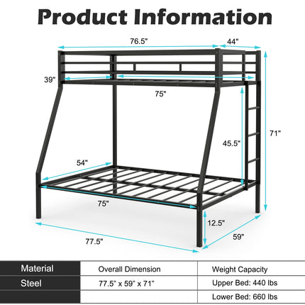 Dreamade Metal Bunk Bed, Twin Over Full Size Bed w/ Removable Ladder & Steel Slats Support